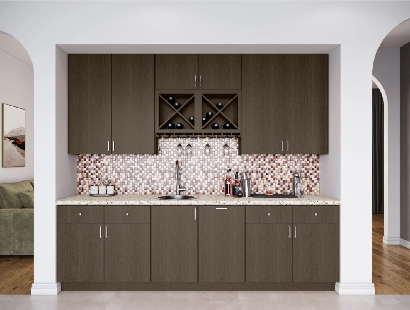 Dark wood bar with diamond wine storage and tile backsplash by Create More Space