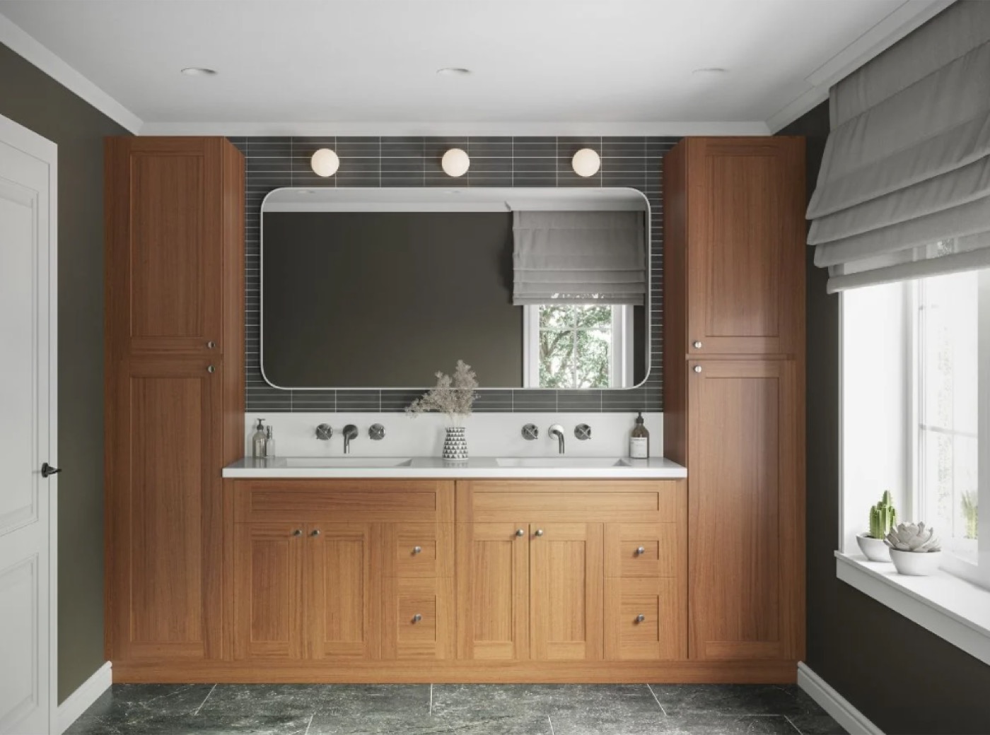 Wood bathroom vanity with framed mirror by Create More Space
