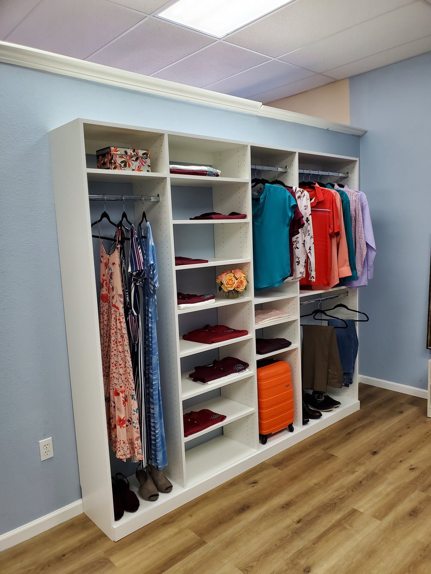 Reach-in closet with open shelving and hanging along one wall