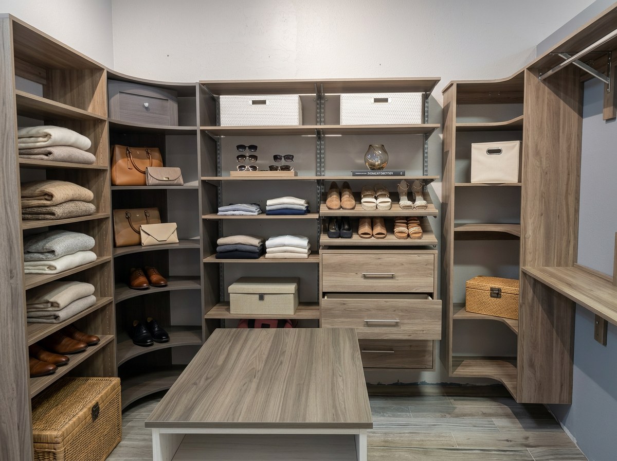 Walk-in closet with center table, shelving and shoe wall by Create More Space