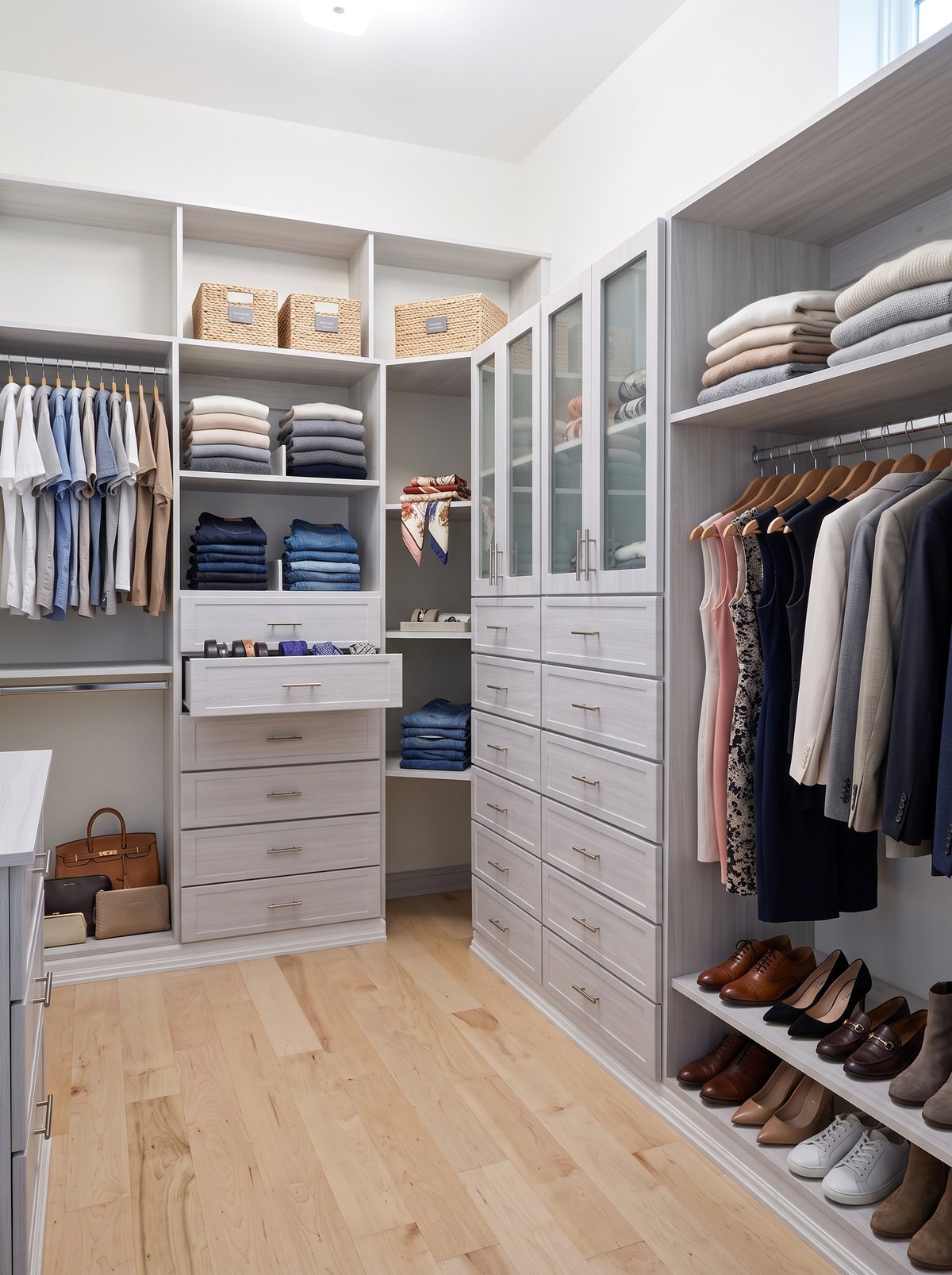 Organized walk-in closet with clothing, shoes and baskets by Create More Space