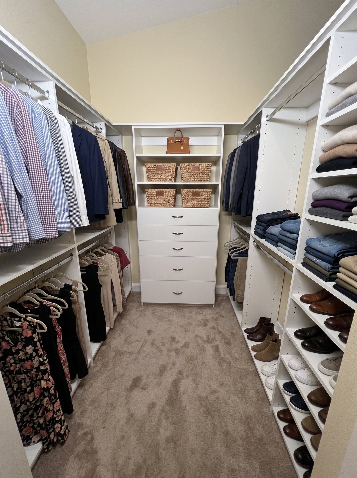 Bright walk-in closet with clothing, shoes and baskets by Create More Space