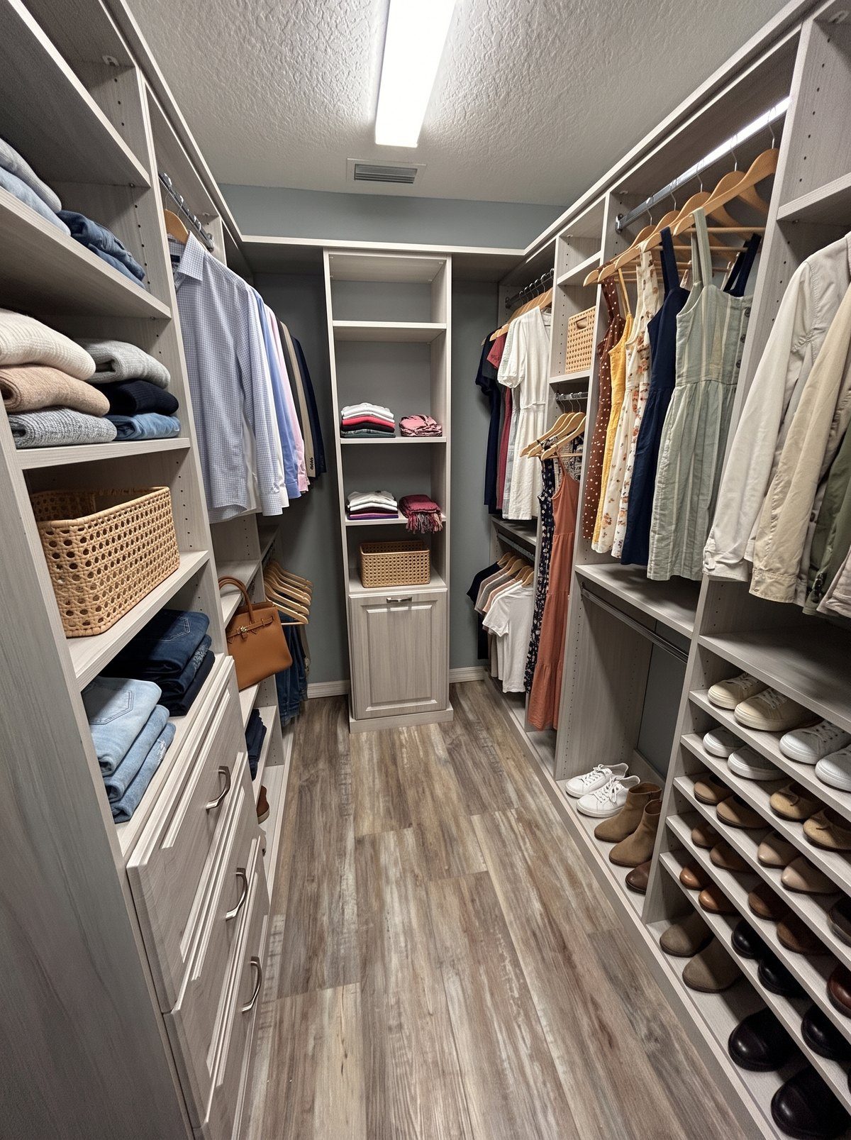 Spacious walk-in closet fully styled with clothing and shoes by Create More Space