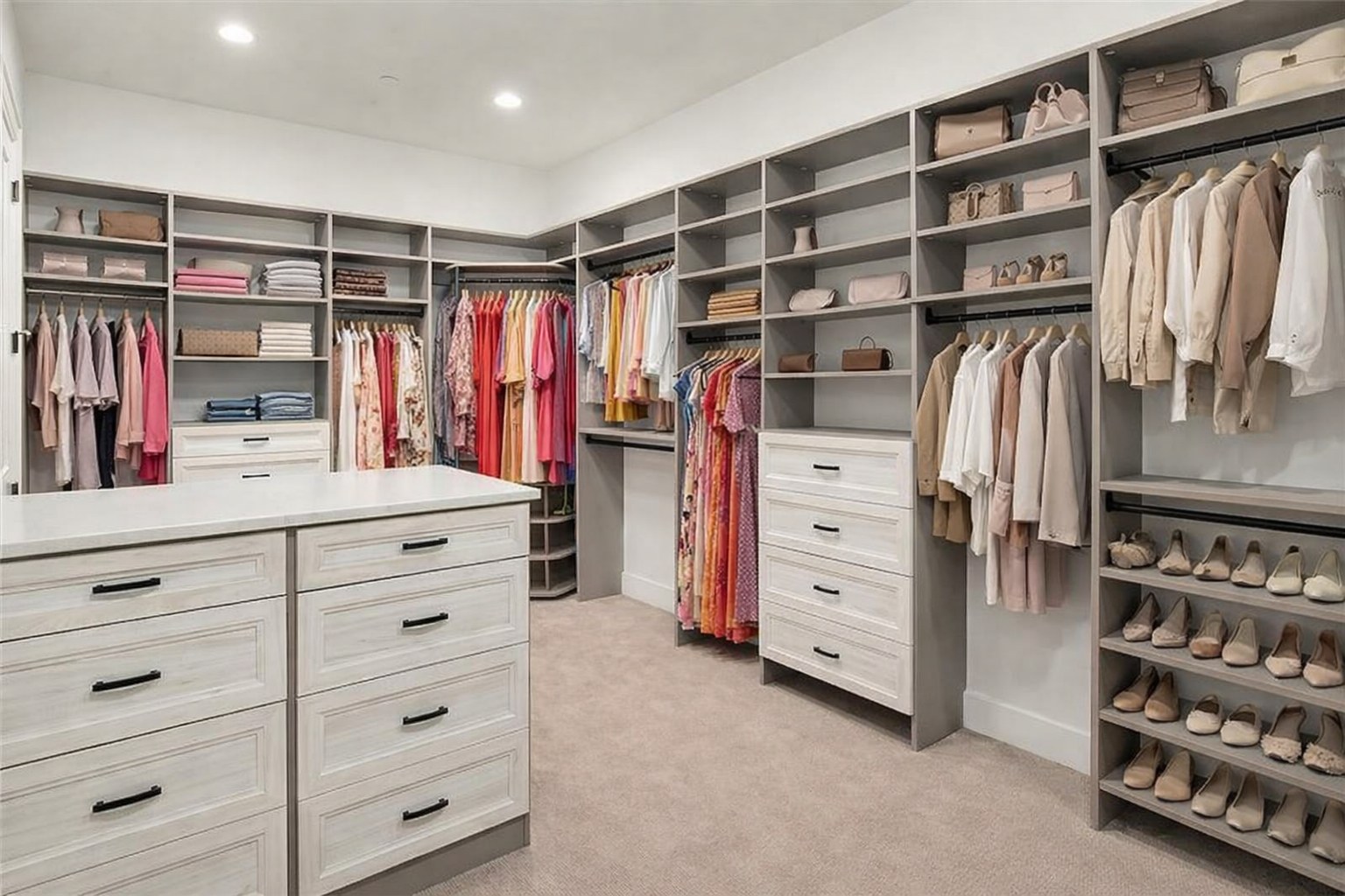 Custom walk-in closet with center island and organized shelving by Create More Space