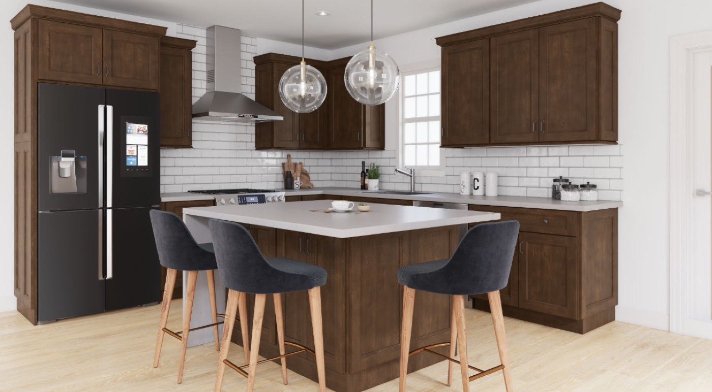 Custom kitchen with dark wood cabinetry and island seating by Create More Space