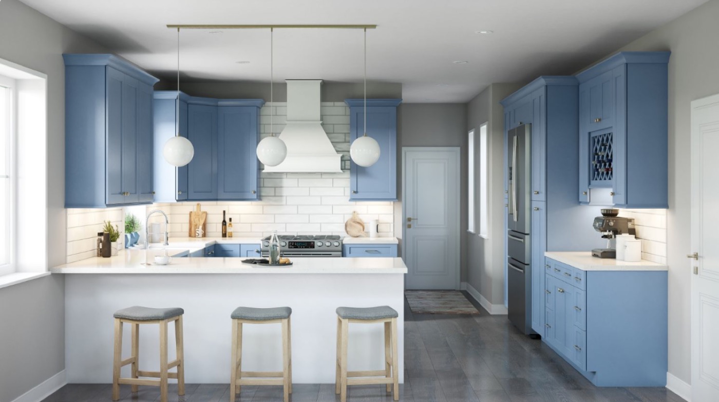 Blue kitchen with breakfast bar and subway tile by Create More Space