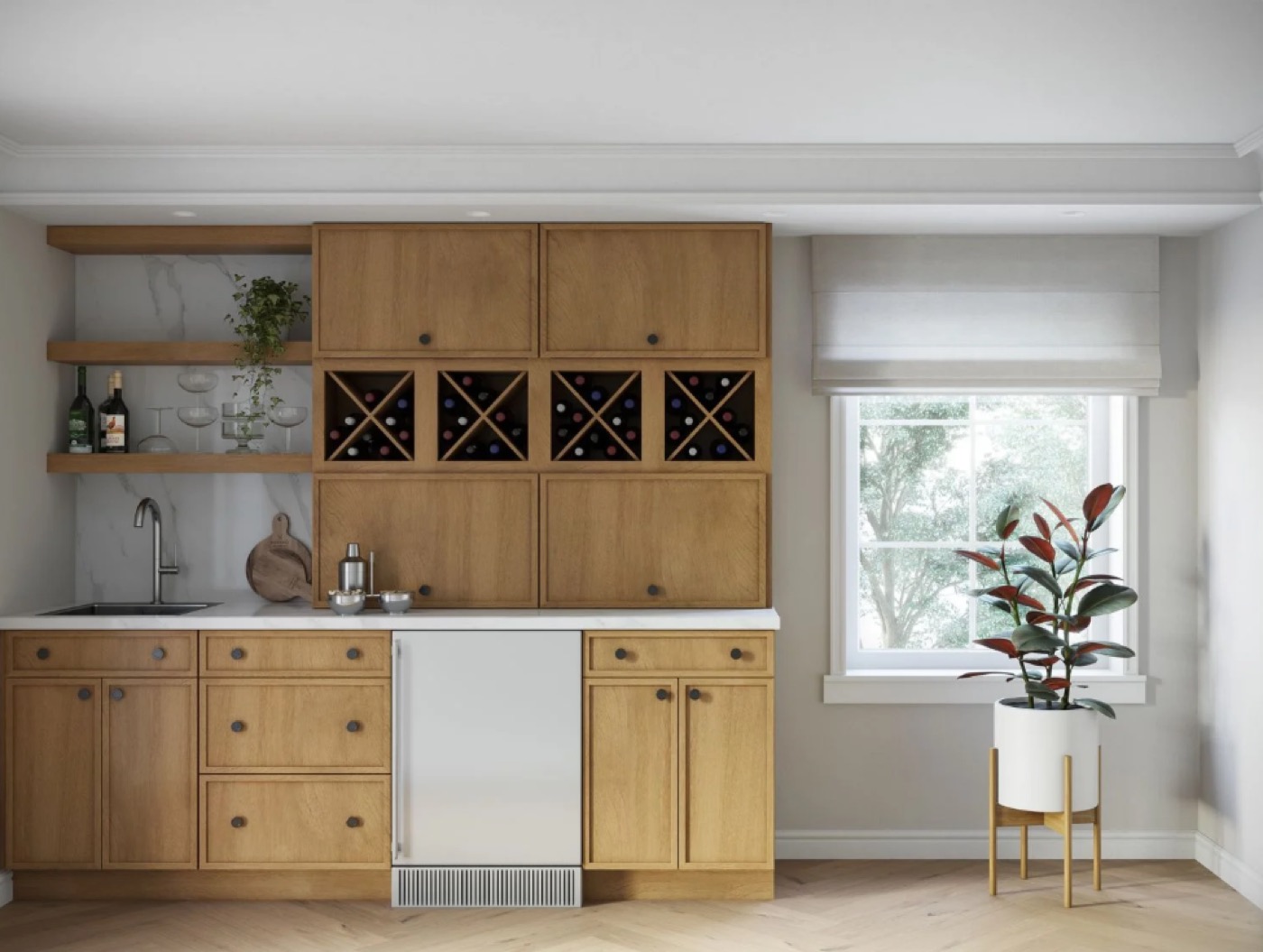 Wood kitchen with wine storage and open shelving by Create More Space