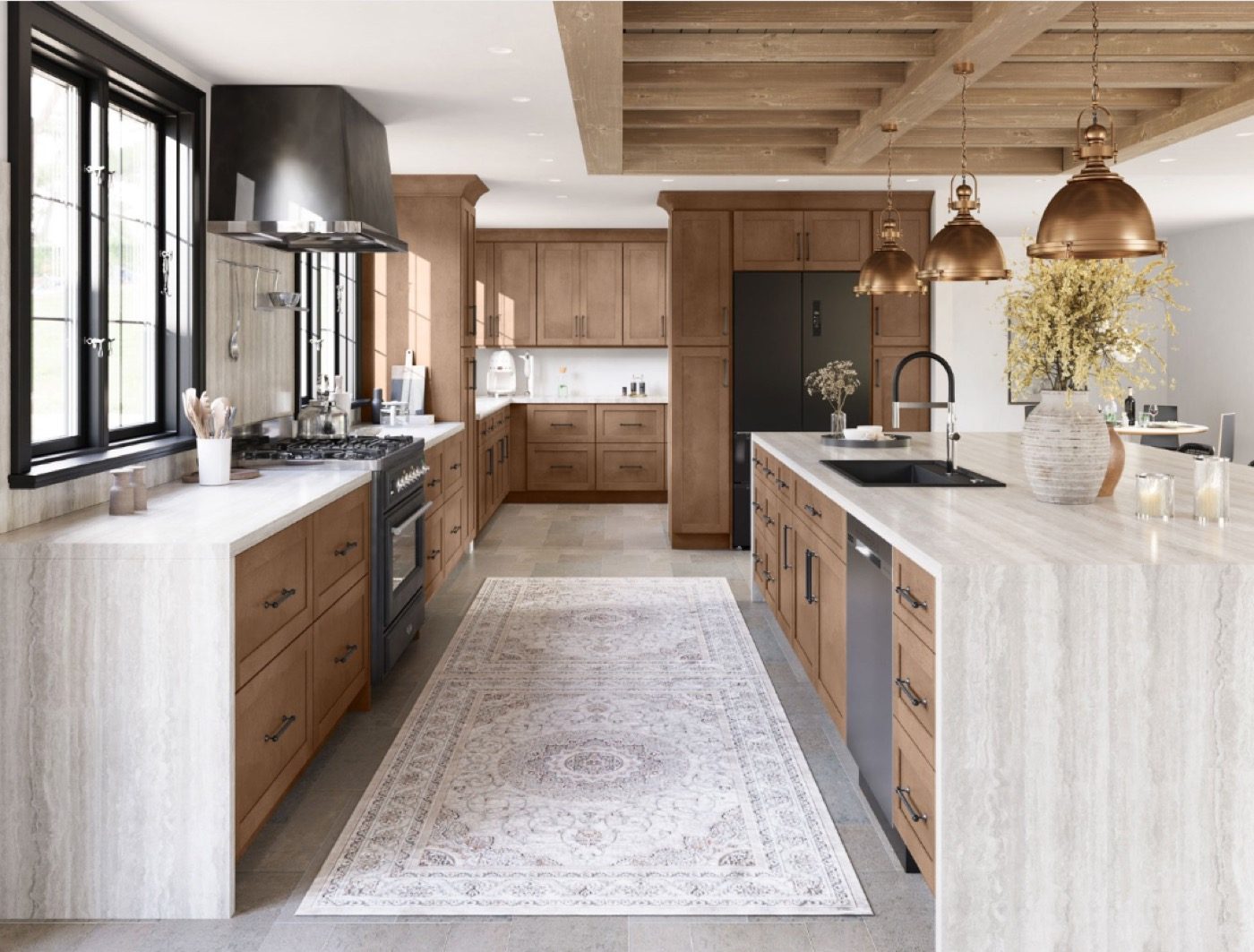 Luxury light wood kitchen with island and wood ceiling by Create More Space