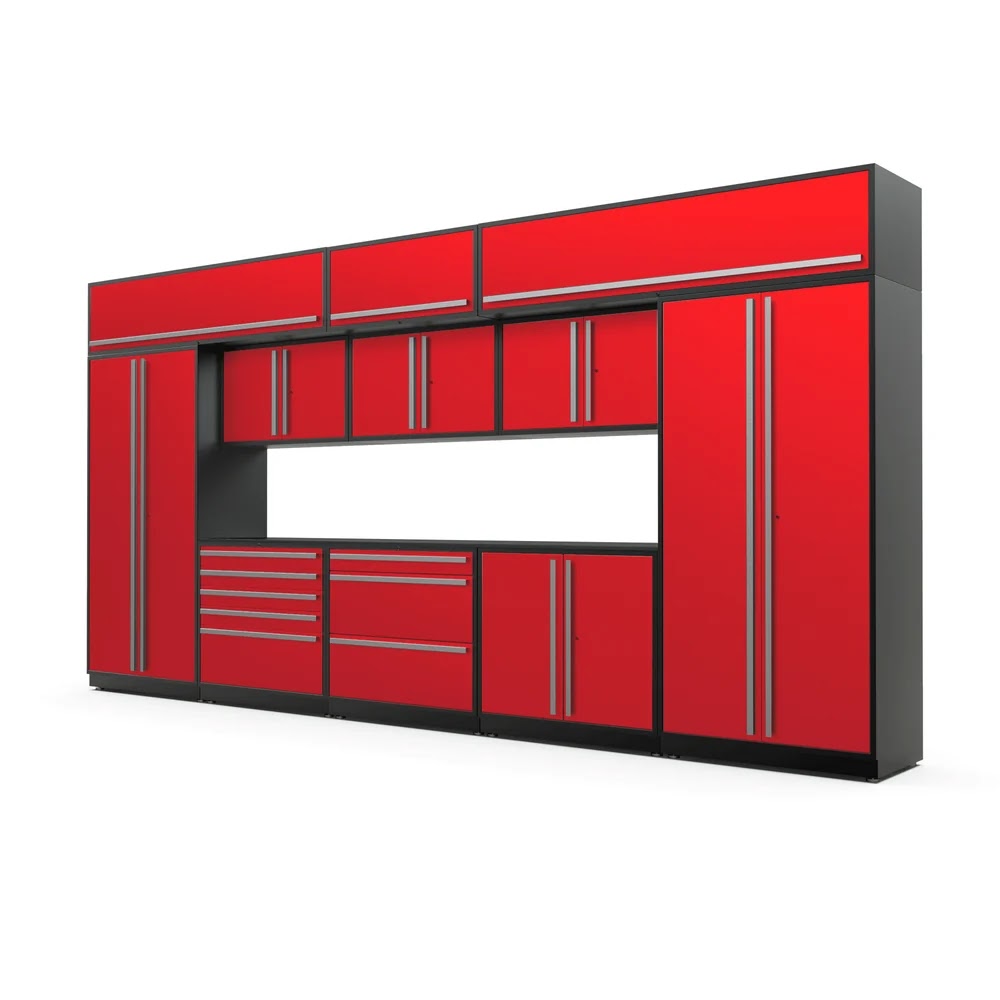 Red metal garage cabinet configuration