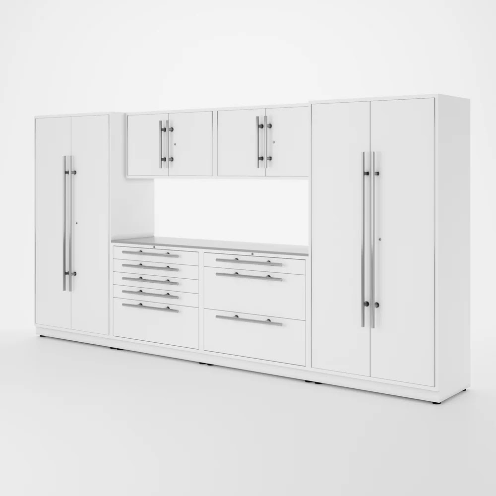 White metal garage cabinets with overhead storage
