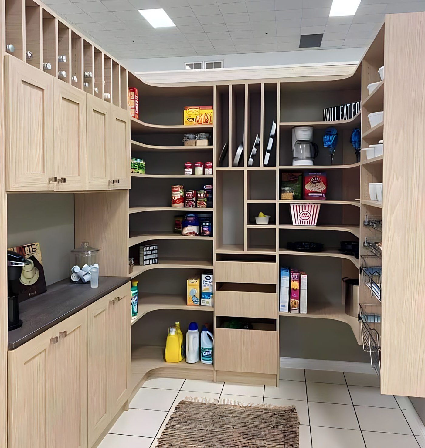 Custom corner pantry with adjustable shelving, drawers and small-appliance counter