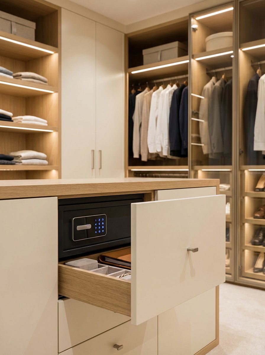 Built-in home safe integrated into custom closet cabinetry