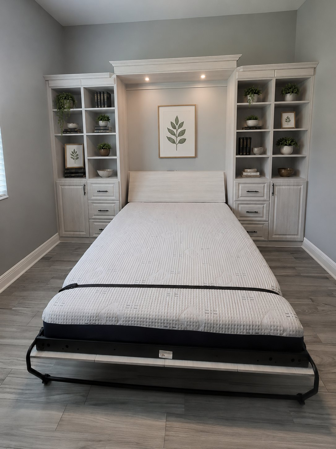Open wall bed in a bright room with flanking glass-front cabinets