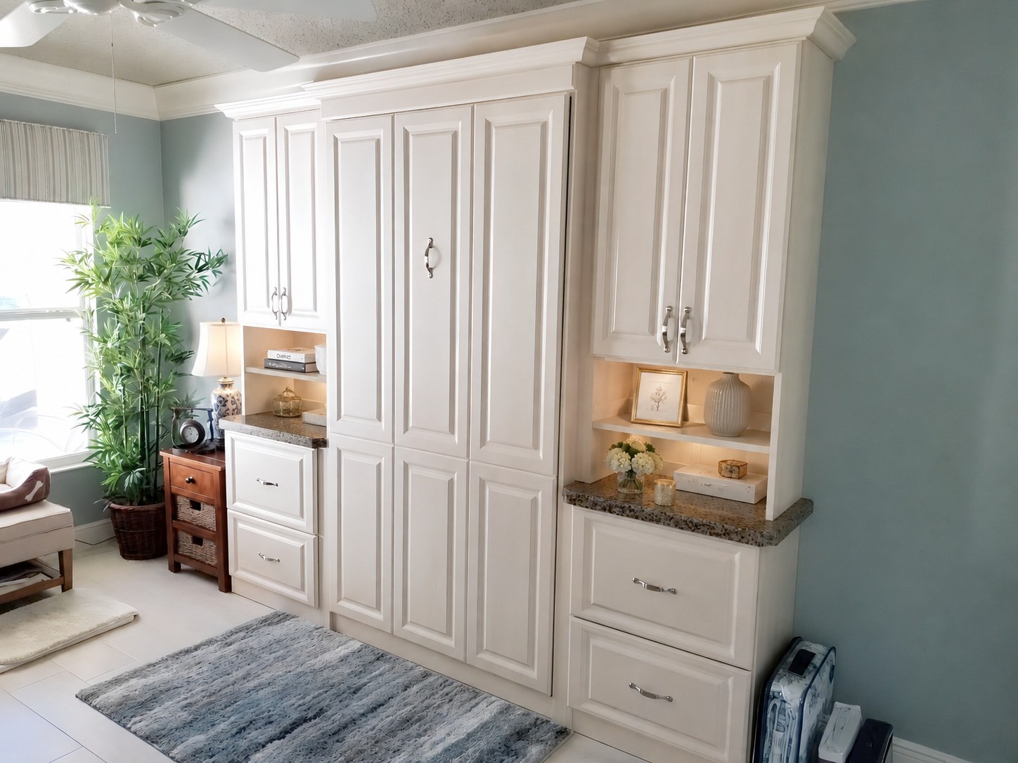 Cream wall bed with desk and storage, closed, by Create More Space