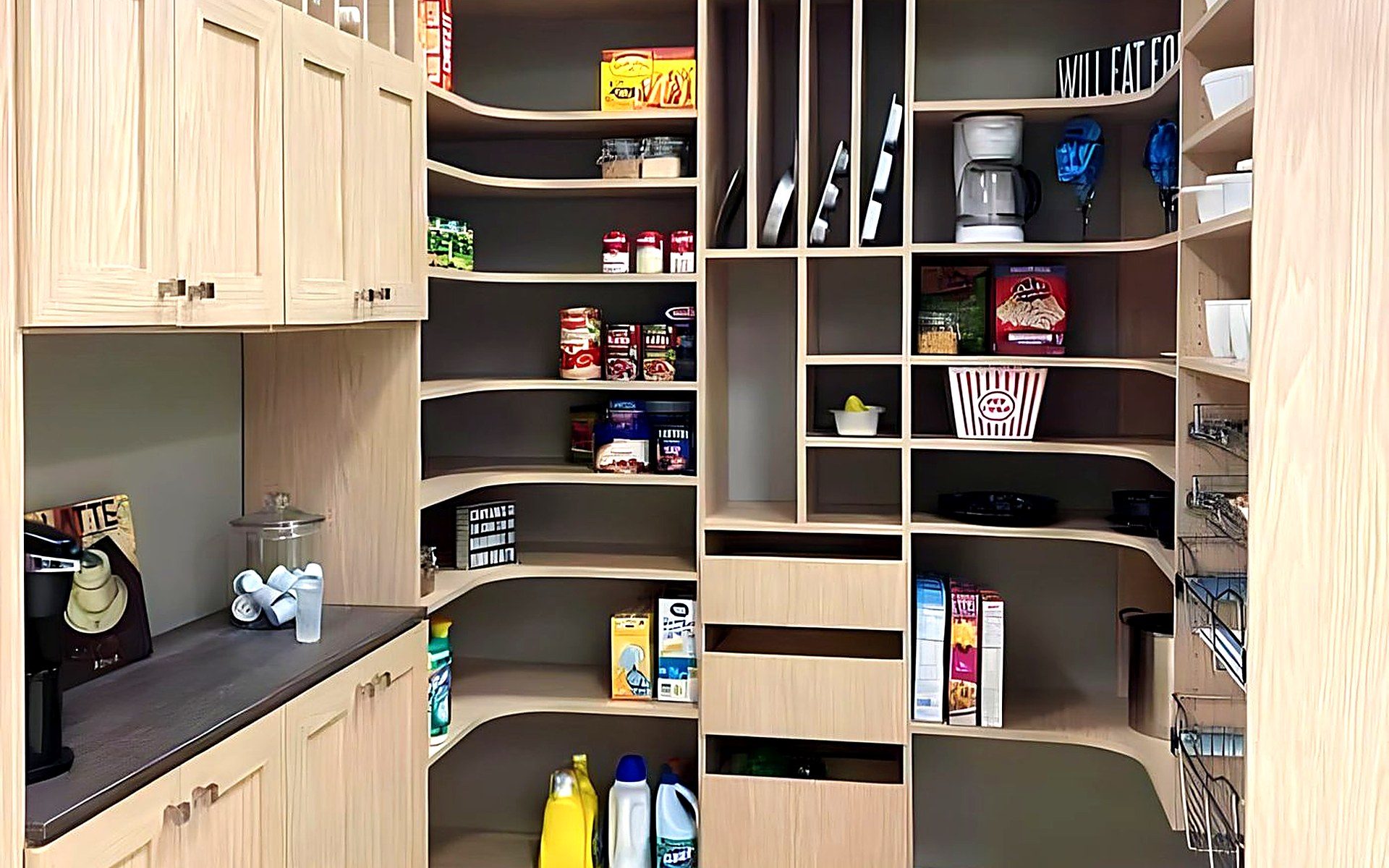 Custom walk-in pantry with open shelving and pull-out storage