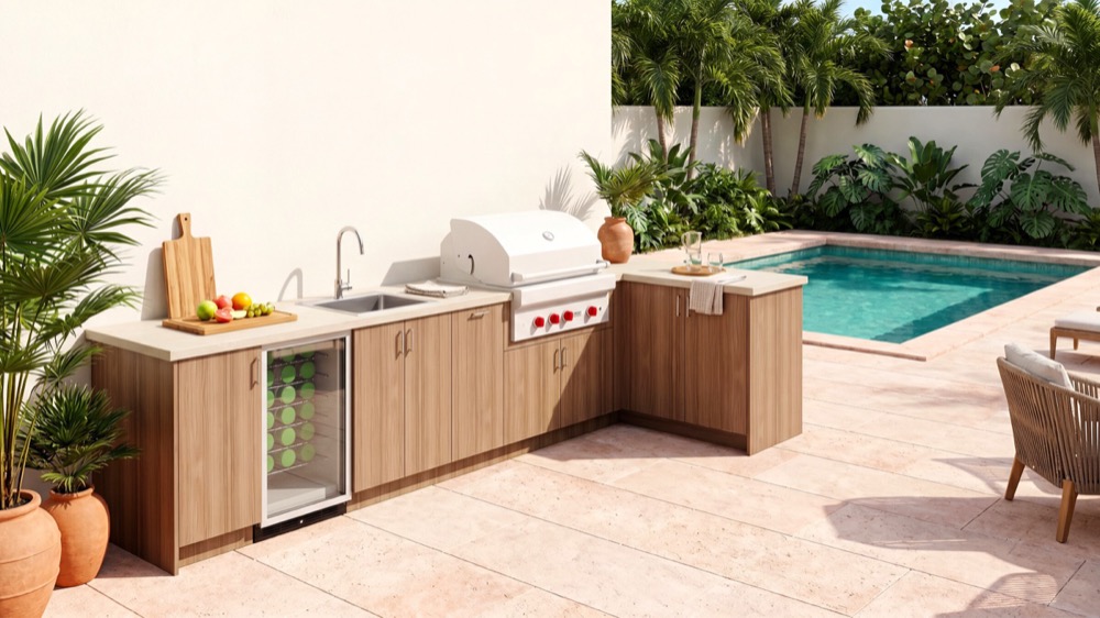 Outdoor kitchen in Nocce woodgrain finish