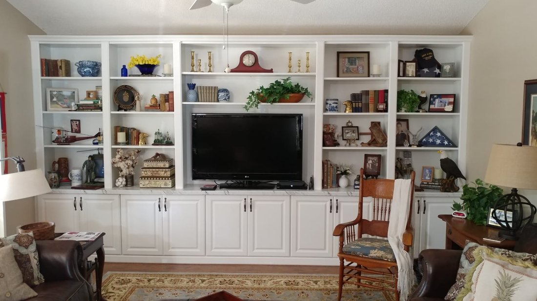 Media wall with fireplace and seating