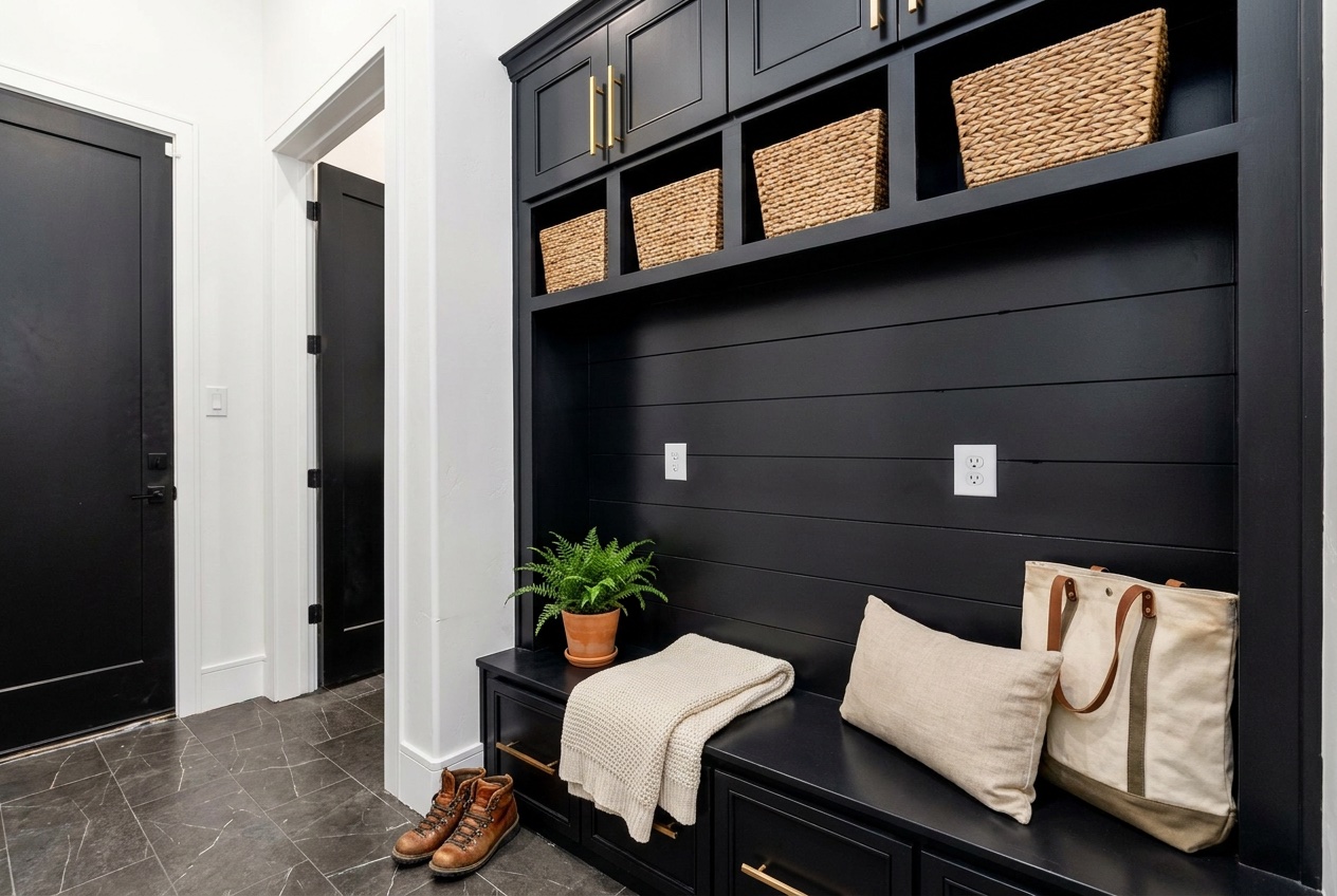 Mudroom and laundry combination with hooks by Create More Space