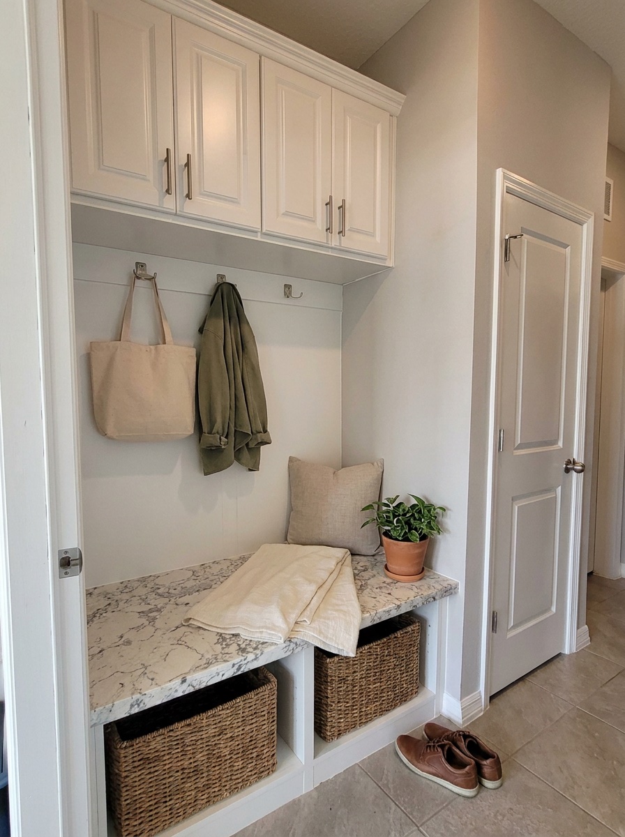Entry mudroom with cabinetry and drop-zone storage by Create More Space