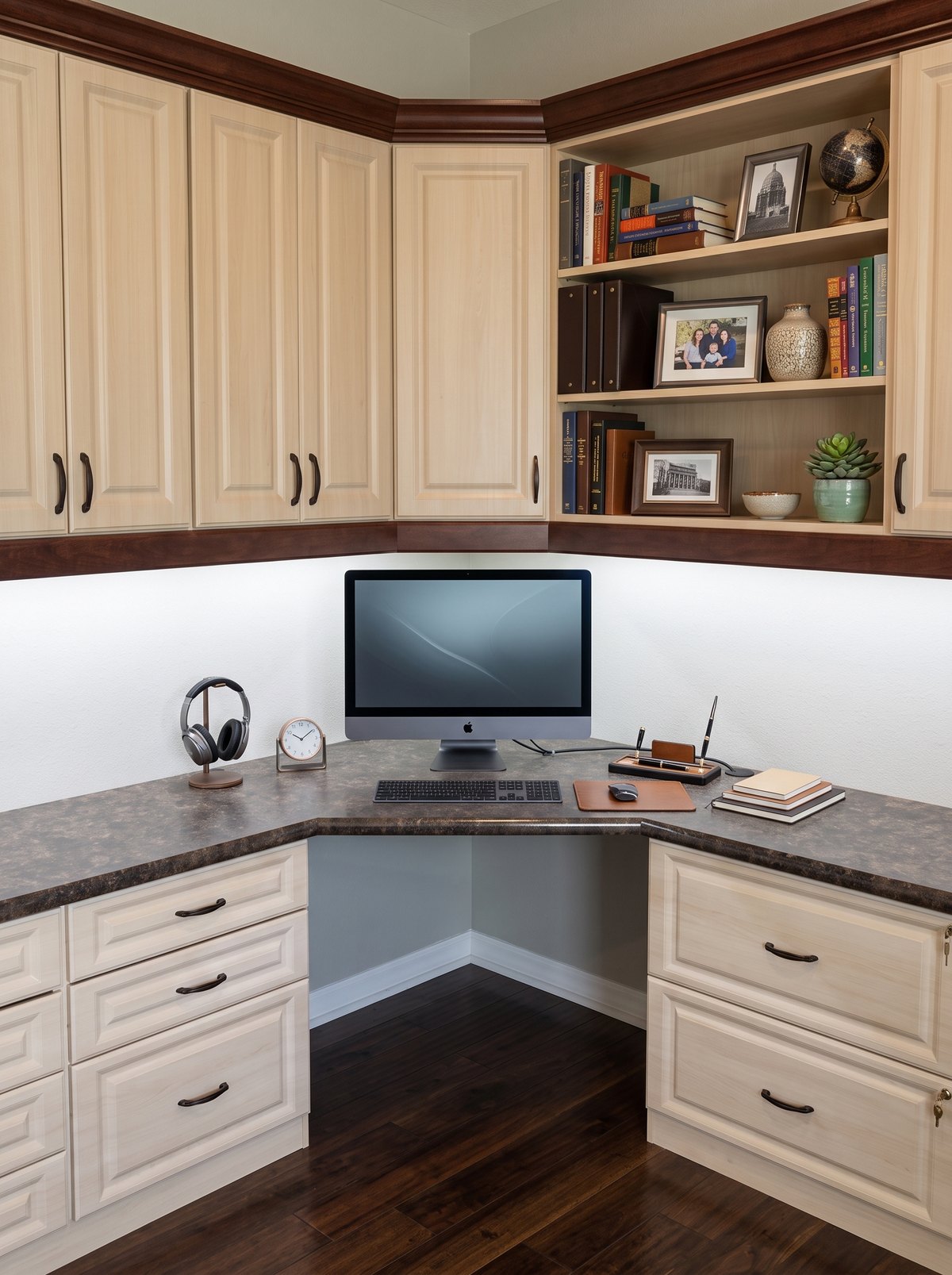 White home office with corner desk and LED lighting by Create More Space