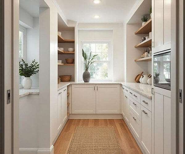 Bright walk-in pantry with cabinetry and open shelving
