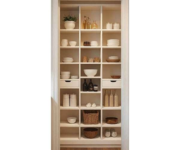 Custom pantry with open shelving and storage baskets