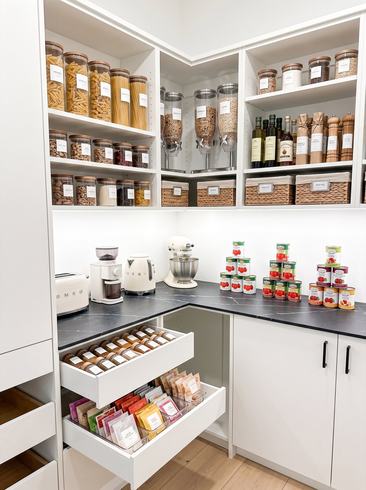 Walk-in pantry with fully stocked adjustable shelving